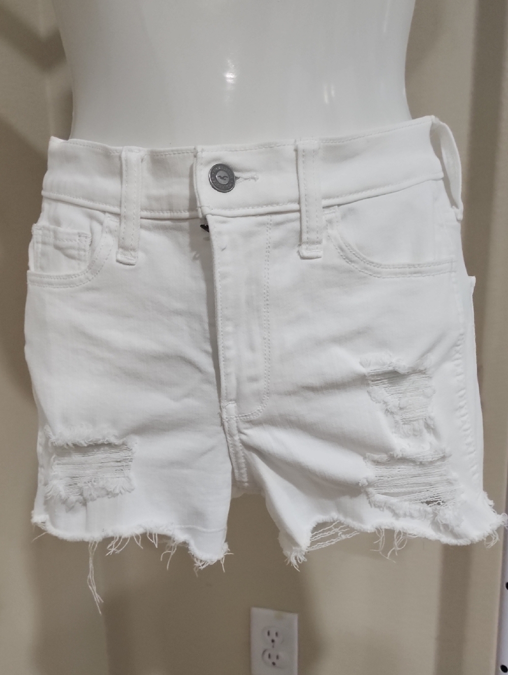 Hollister White Distressed High-Rise Denim Shorts